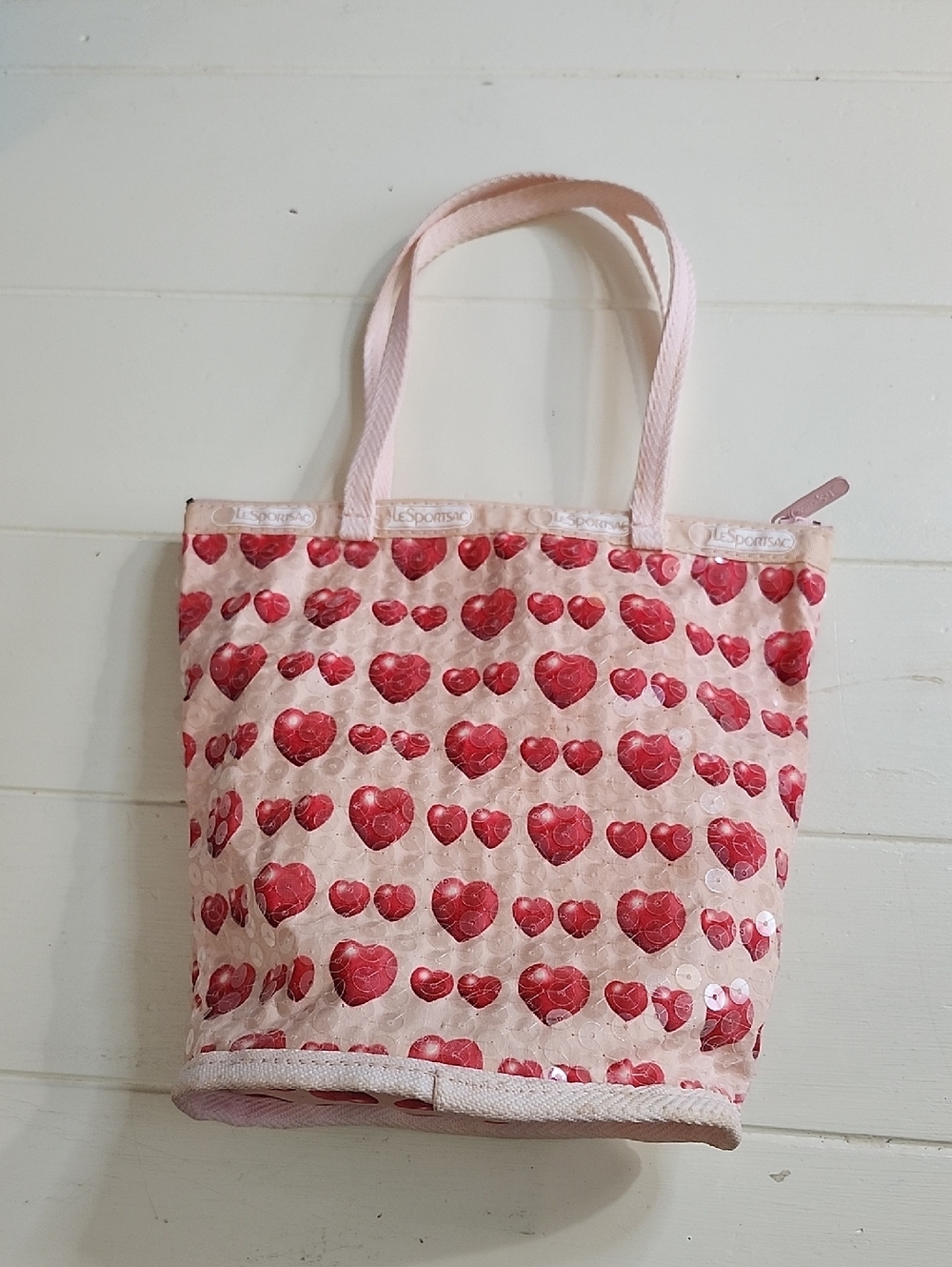 Lesportsac Y2k Pink Heart Print Sequined Nylon Handbag